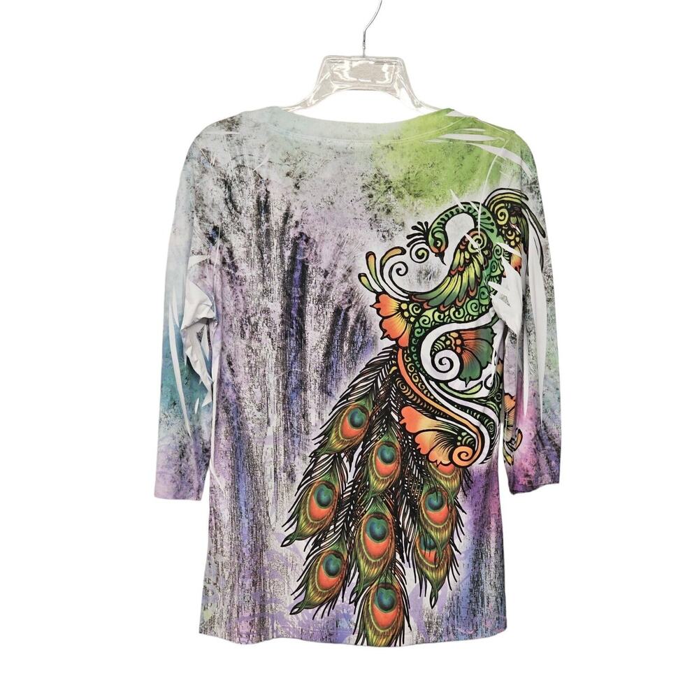 Carrie Allen Peacock Tee Blouse 3/4-Sleeve Size L Artsy Vibrant Stretch - Picture 2 of 7